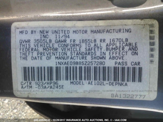 1NXAE09B8SZ257280 - 1995 TOYOTA COROLLA LE/DX Pewter photo 9