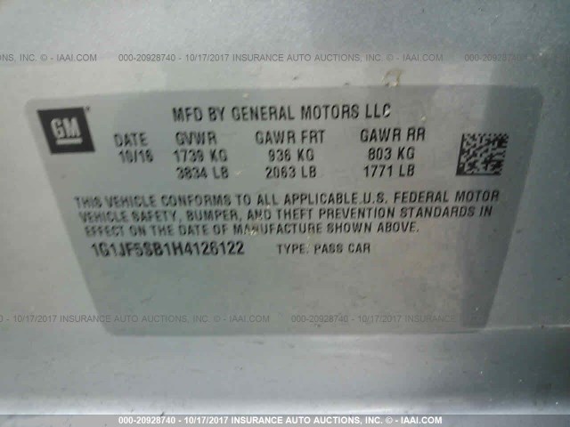 1G1JF5SB1H4126122 - 2017 CHEVROLET SONIC PREMIER SILVER photo 9