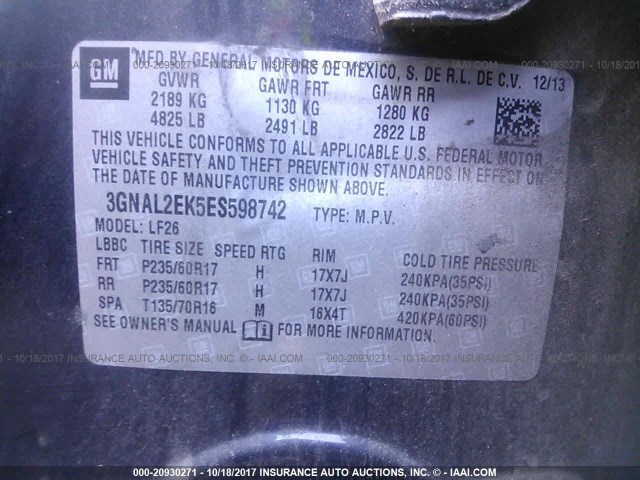 3GNAL2EK5ES598742 - 2014 CHEVROLET CAPTIVA LS 黑色 照片 9