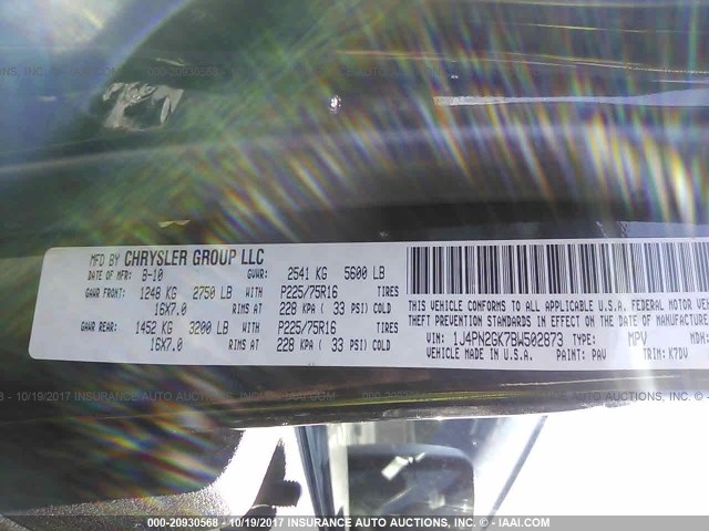 1J4PN2GK7BW502873 - 2011 JEEP LIBERTY SPORT 灰色 照片 9