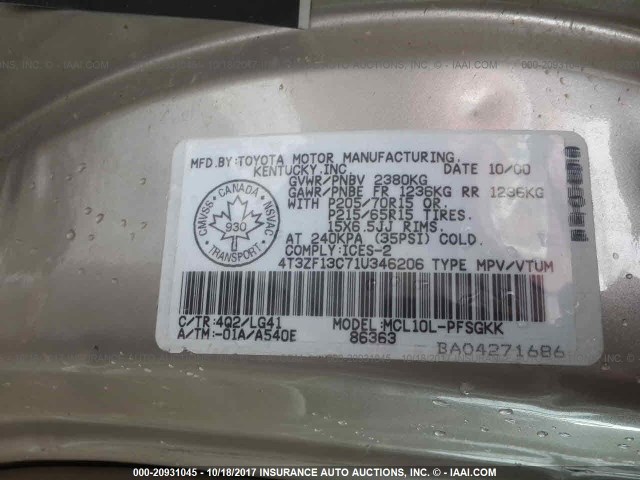 4T3ZF13C71U346206 - 2001 TOYOTA SIENNA LE/XLE GOLD photo 9