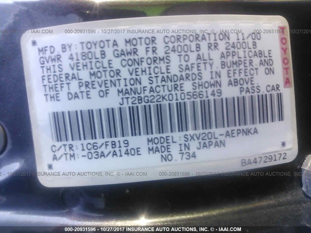 JT2BG22K010566149 - 2001 TOYOTA CAMRY CE/LE/XLE 黑色 照片 9