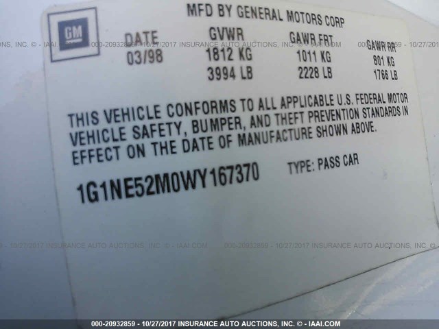 1G1NE52M0WY167370 - 1998 CHEVROLET MALIBU LS 白色 照片 9