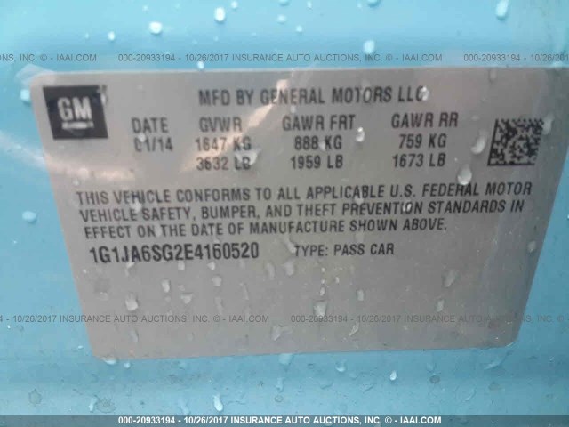 1G1JA6SG2E4160520 - 2014 CHEVROLET SONIC LS Կապույտ լուսանկար 9