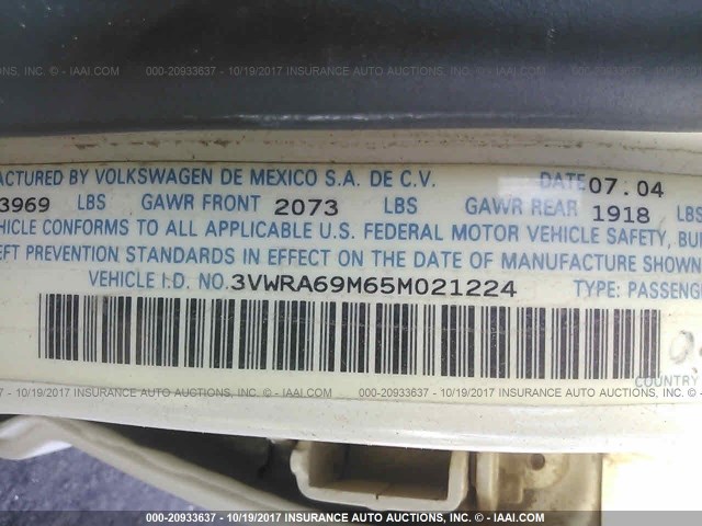 3VWRA69M65M021224 - 2005 VOLKSWAGEN JETTA GL WHITE photo 9