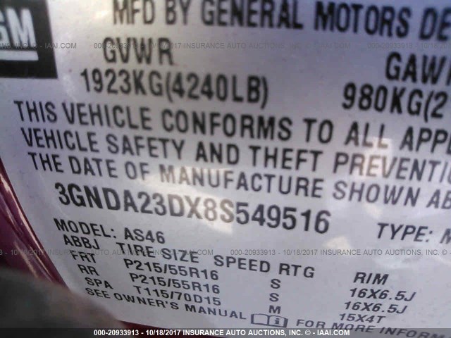 3GNDA23DX8S549516 - 2008 CHEVROLET HHR LT MAROON photo 9