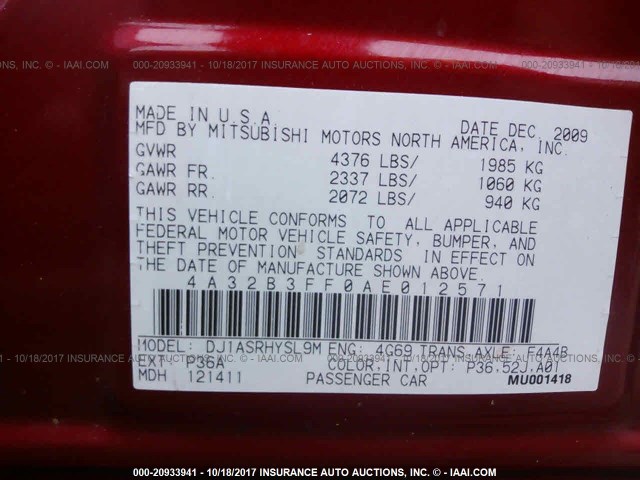 4A32B3FF0AE012571 - 2010 MITSUBISHI GALANT ES/SE RED photo 9