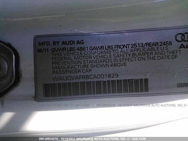 WAUGVAFR8CA001629 - 2012 AUDI S5 PREMIUM PLUS 白色 照片 9