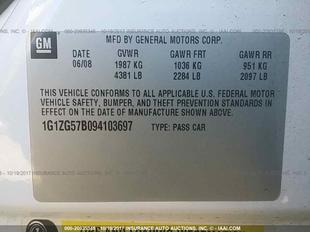 1G1ZG57B094103697 - 2009 CHEVROLET MALIBU LS Ağ foto 9