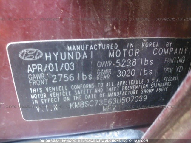 KM8SC73E63U507039 - 2003 HYUNDAI SANTA FE GLS/LX MAROON photo 9