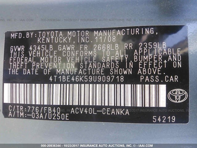 4T1BE46K59U909718 - 2009 TOYOTA CAMRY SE/LE/XLE Light Blue photo 9