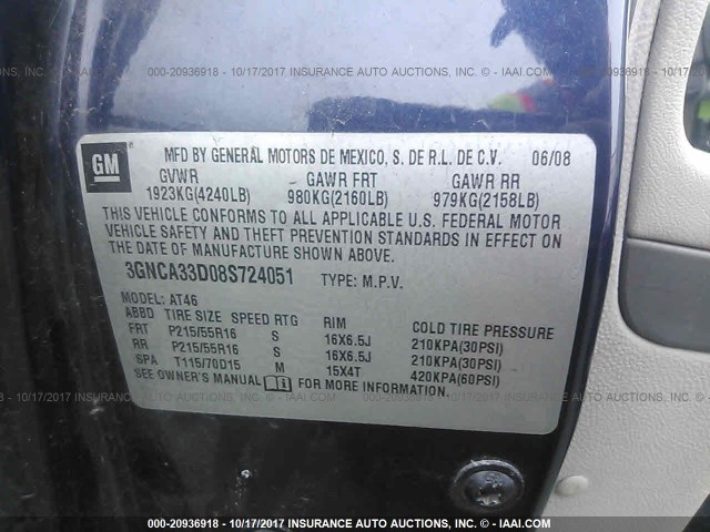 3GNCA33D08S724051 - 2008 CHEVROLET HHR LS BLUE photo 9