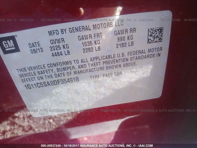 1G11C5SA0DF354918 - 2013 CHEVROLET MALIBU 1LT 红色 照片 9