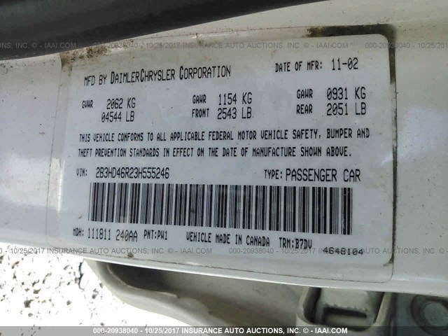 2B3HD46R23H555246 - 2003 DODGE INTREPID SE WHITE photo 9