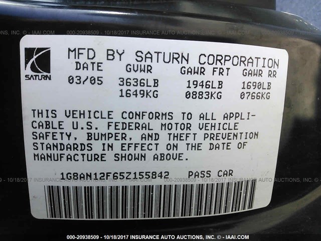 1G8AN12F65Z155842 - 2005 SATURN ION LEVEL 2 灰色 照片 9