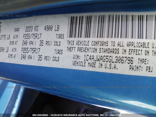 1C4AJWAG5GL306796 - 2016 JEEP WRANGLER SPORT ლურჯი ფოტო 9