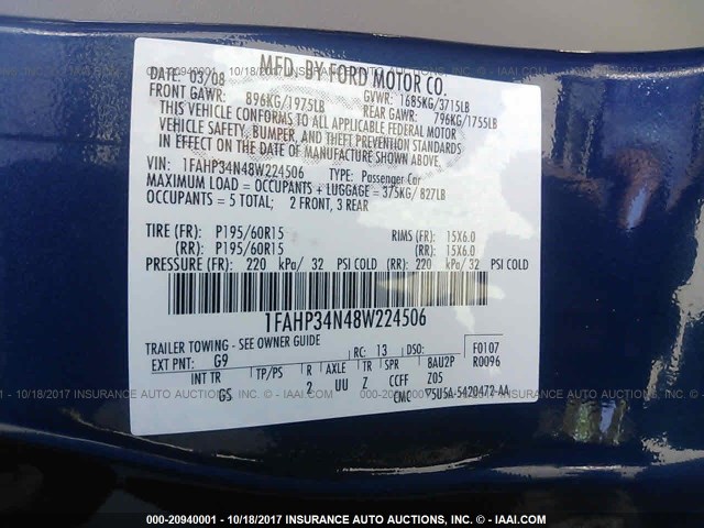 1FAHP34N48W224506 - 2008 FORD FOCUS S/SE BLUE photo 9