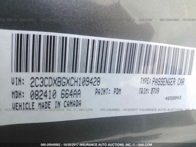 2C3CDXBGXCH109428 - 2012 DODGE CHARGER SE GRAY photo 9