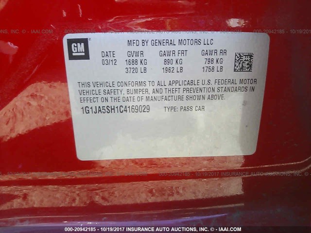 1G1JA5SH1C4169029 - 2012 CHEVROLET SONIC LS RED photo 9