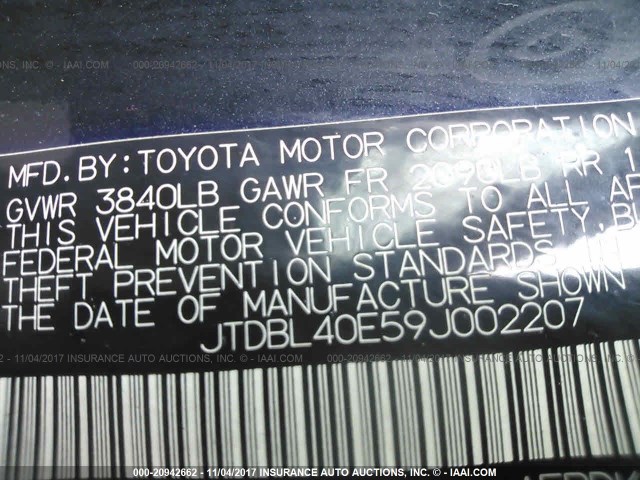 JTDBL40E59J002207 - 2009 TOYOTA COROLLA LE/XLE BLACK photo 9