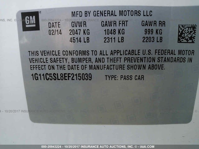 1G11C5SL8EF215039 - 2014 CHEVROLET MALIBU 1LT WHITE photo 9