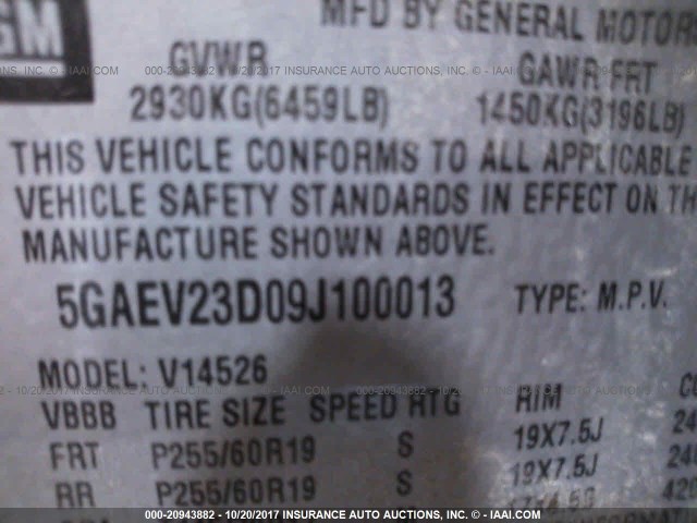 5GAEV23D09J100013 - 2009 BUICK ENCLAVE CXL GRAY photo 9