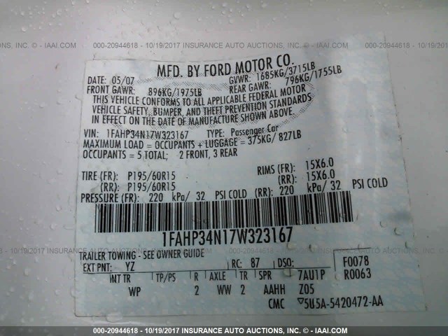 1FAHP34N17W323167 - 2007 FORD FOCUS ZX4/S/SE/SES 白色 照片 9