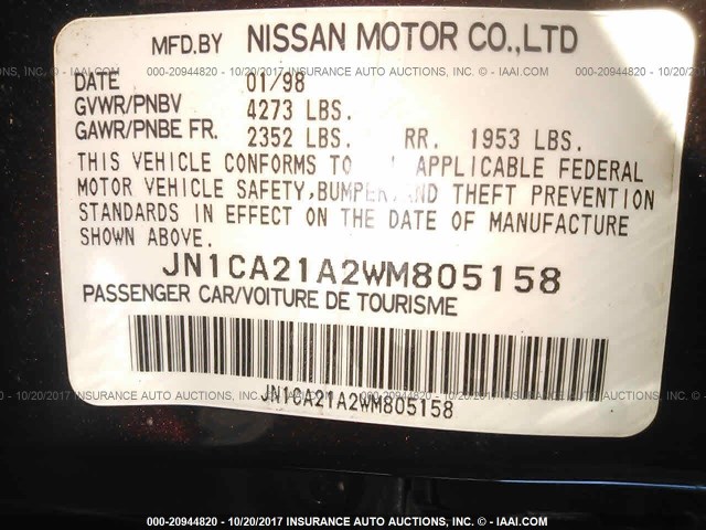 JN1CA21A2WM805158 - 1998 NISSAN MAXIMA GLE/GXE/SE BURGUNDY photo 9