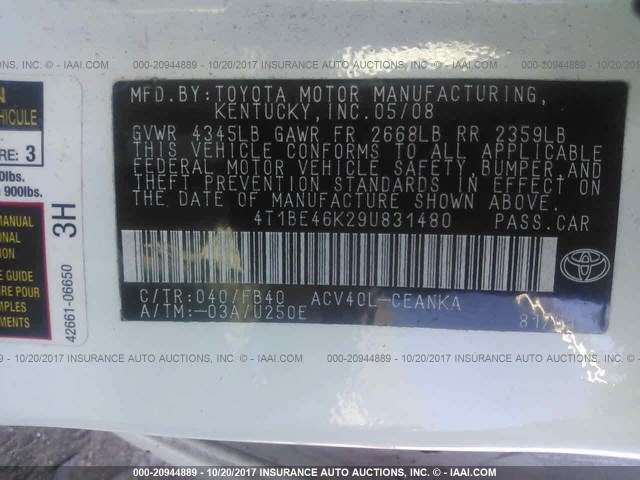 4T1BE46K29U831480 - 2009 TOYOTA CAMRY SE/LE/XLE 白色 照片 9