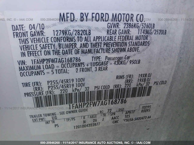 1FAHP2FW7AG168786 - 2010 FORD TAURUS LIMITED WHITE photo 9