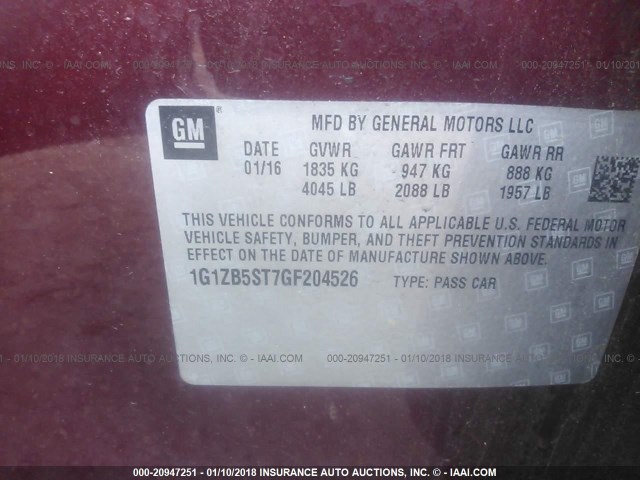 1G1ZB5ST7GF204526 - 2016 CHEVROLET MALIBU LS MAROON photo 9