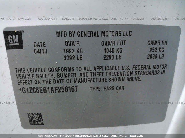 1G1ZC5EB1AF258167 - 2010 CHEVROLET MALIBU 1LT 白色 照片 9