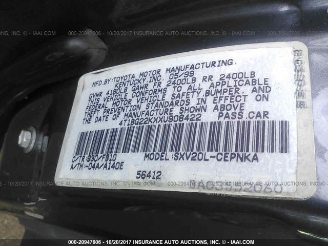 4T1BG22KXXU908422 - 1999 TOYOTA CAMRY CE/LE/XLE 银色 照片 9