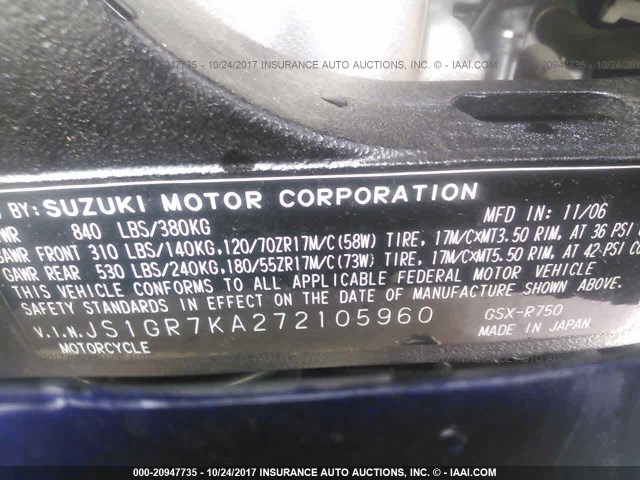 JS1GR7KA272105960 - 2007 SUZUKI GSX-R750 BLUE photo 10