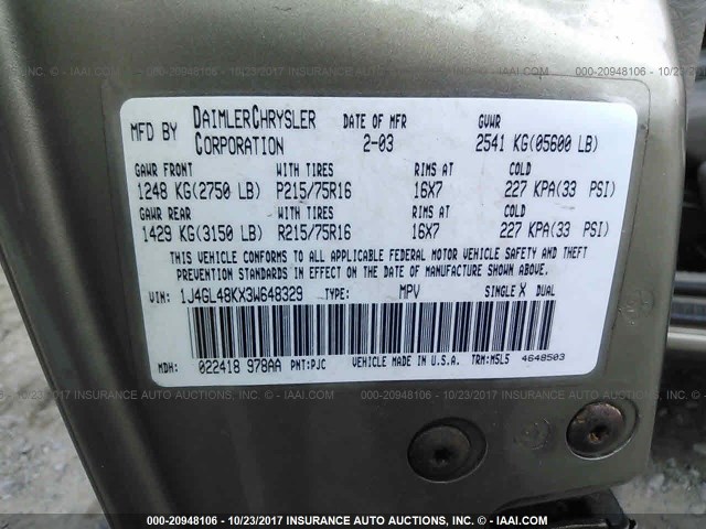 1J4GL48KX3W648329 - 2003 JEEP LIBERTY SPORT/FREEDOM ოქროსფერი ფოტო 9