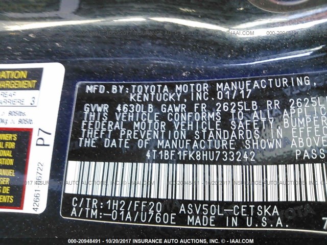 4T1BF1FK8HU733242 - 2017 TOYOTA CAMRY LE/XLE/SE/XSE BLACK photo 9