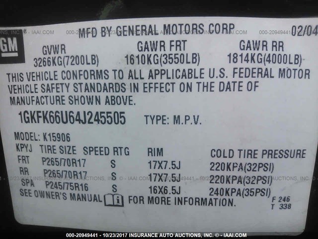 1GKFK66U64J245505 - 2004 GMC YUKON XL DENALI BLACK photo 9