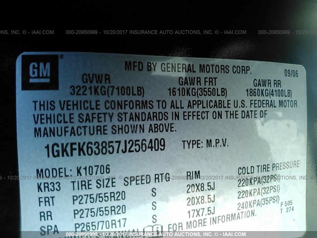 1GKFK63857J256409 - 2007 GMC YUKON DENALI BLACK photo 9