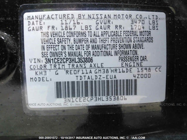 3N1CE2CP3HL353806 - 2017 NISSAN VERSA NOTE S/S PLUS/SV/SL/SR BLACK photo 9