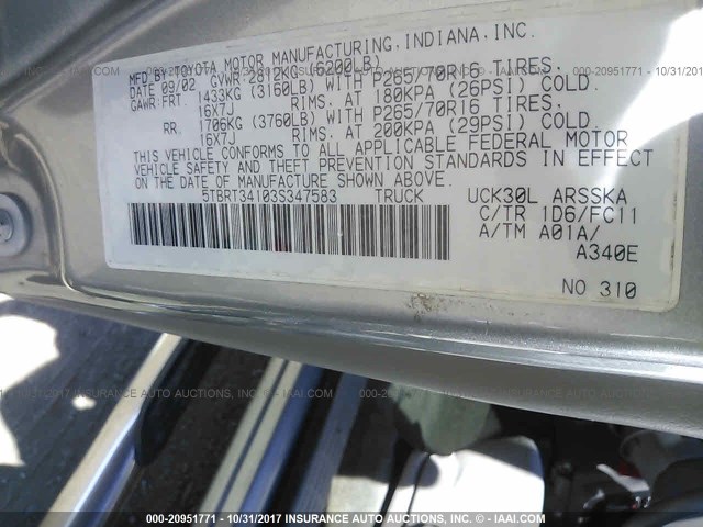 5TBRT34103S347583 - 2003 TOYOTA TUNDRA ACCESS CAB SR5 SILVER photo 9