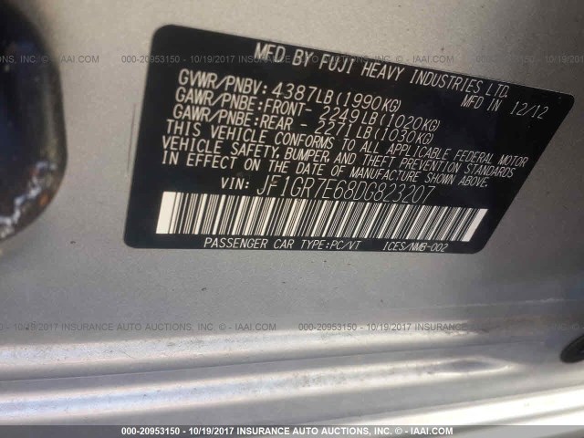 JF1GR7E68DG823207 - 2013 SUBARU IMPREZA WRX SILVER photo 9