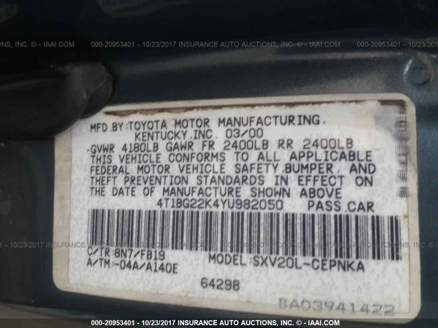 4T1BG22K4YU982050 - 2000 TOYOTA CAMRY CE/LE/XLE 蓝色 照片 9