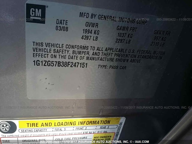 1G1ZG57B38F247151 - 2008 CHEVROLET MALIBU LS ყავისფერი ფოტო 9