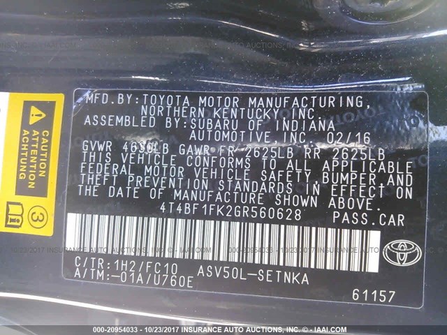 4T4BF1FK2GR560628 - 2016 TOYOTA CAMRY LE/XLE/SE/XSE ლურჯი ფოტო 9