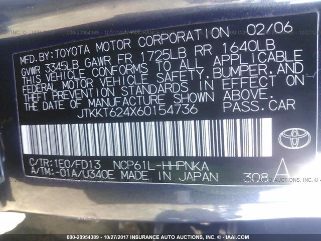 JTKKT624X60154736 - 2006 TOYOTA SCION XA GRAY photo 9