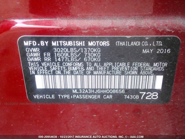 ML32A3HJ6HH008656 - 2017 MITSUBISHI MIRAGE ES RED photo 9