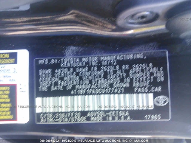 4T1BF1FK9CU177421 - 2012 TOYOTA CAMRY SE/LE/XLE BLACK photo 9