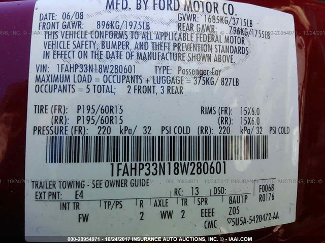 1FAHP33N18W280601 - 2008 FORD FOCUS SE/SEL/SES RED photo 9