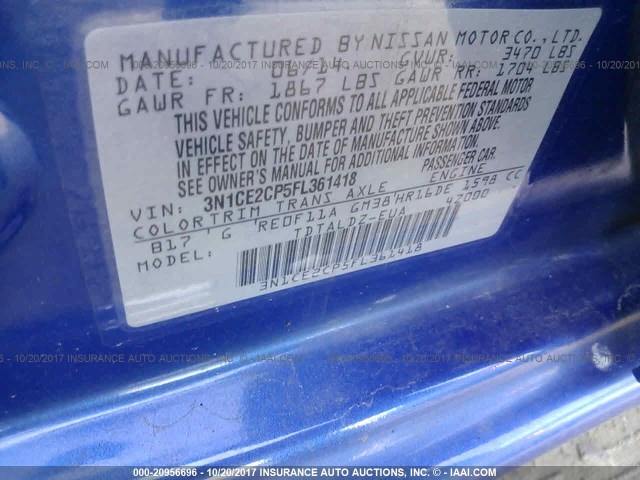 3N1CE2CP5FL361418 - 2015 NISSAN VERSA NOTE S/S PLUS/SV/SL/SR BLUE photo 9