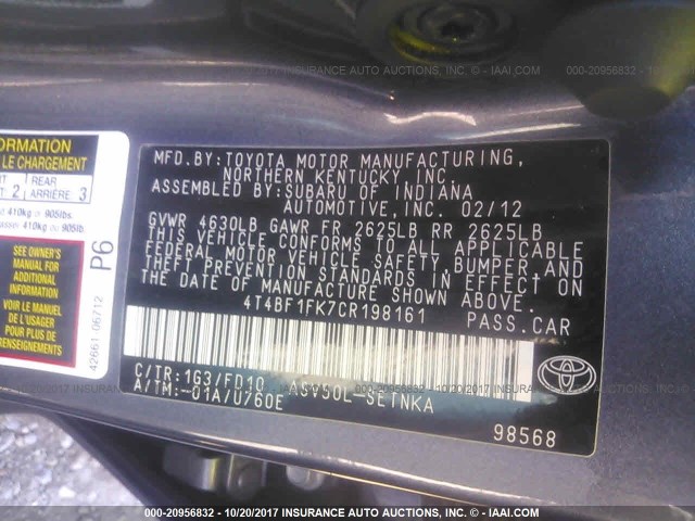 4T4BF1FK7CR198161 - 2012 TOYOTA CAMRY SE/LE/XLE ნაცრისფერი ფოტო 9